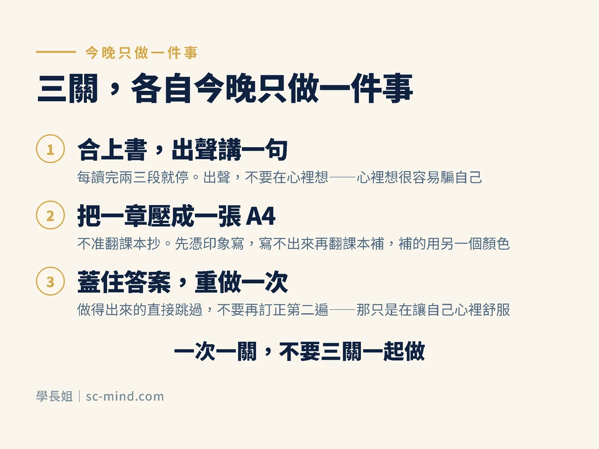 三關各自今晚該做的一件事：合上書出聲講一句、把一章壓成一張 A4、蓋住答案重做一次